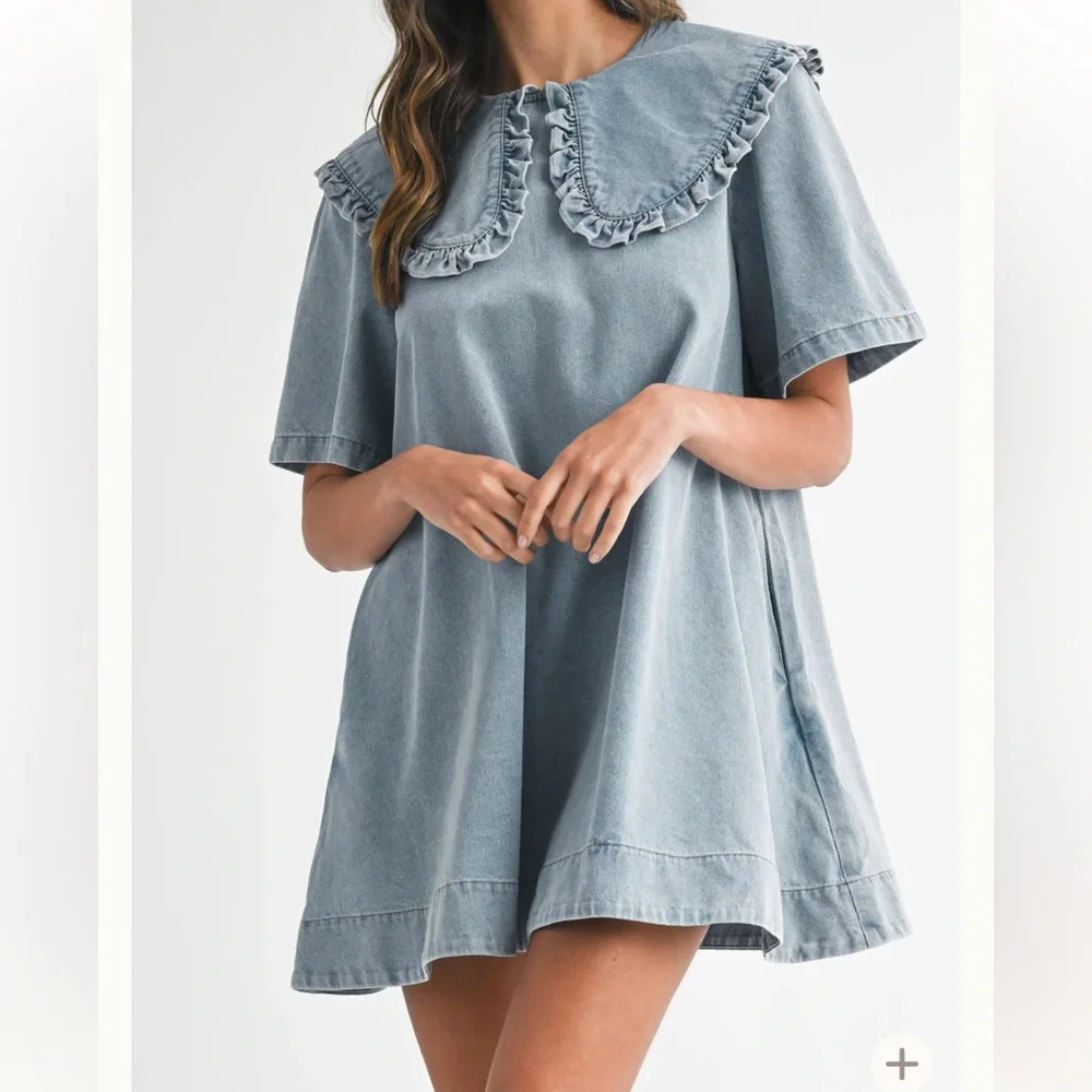 Amable by Mable Peter Pan collared light Wash denim mini dress shirt sleeve Sz S - Picture 14 of 15